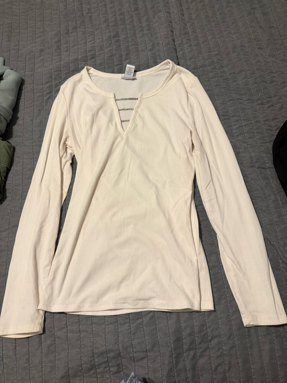 Women's Cream Ribbed Long-Sleeve Top with Ladder Neck Detail